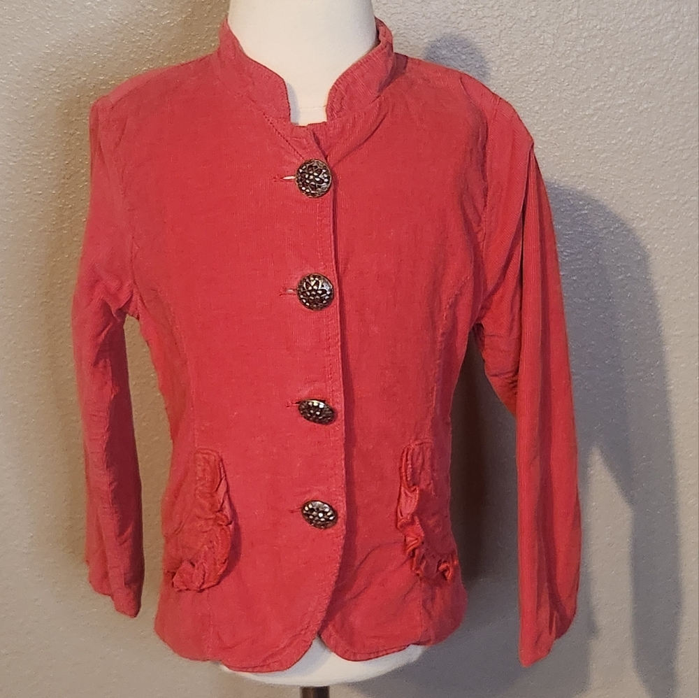Persnickety Coral Courdoroy Blazer w/ Ruffles